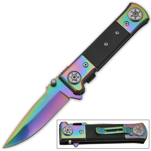 Spring Assisted Pocket Knife Rainbow With Black G10 Handle