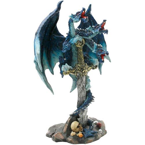 Polyresin 3 headed blue dragon wrapped around demon sword