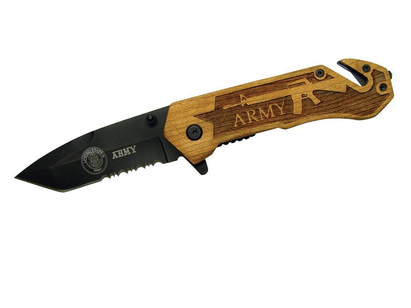 Assisted Opening Rescue Knife with Wood Handle - Army