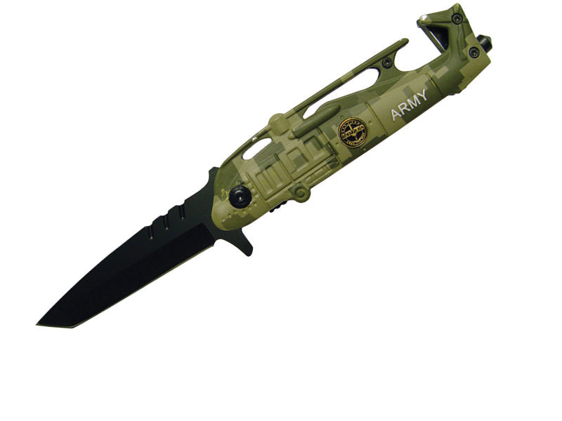 Army Camo Helicopter Tanto Assisted Open Knife Rescue Knife