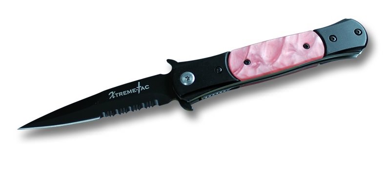 8 Inch Spring Assist Stiletto Pink Pearl Handle Knife