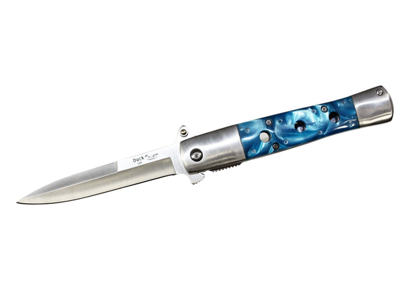 Stiletto Style Spring Assist knife With Blue Pearl Handle