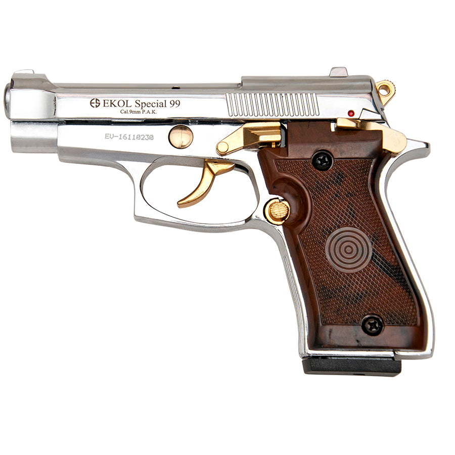 Special 99 V85 Blank Firing Gun Replica Chrome Finish With Gold Fittings