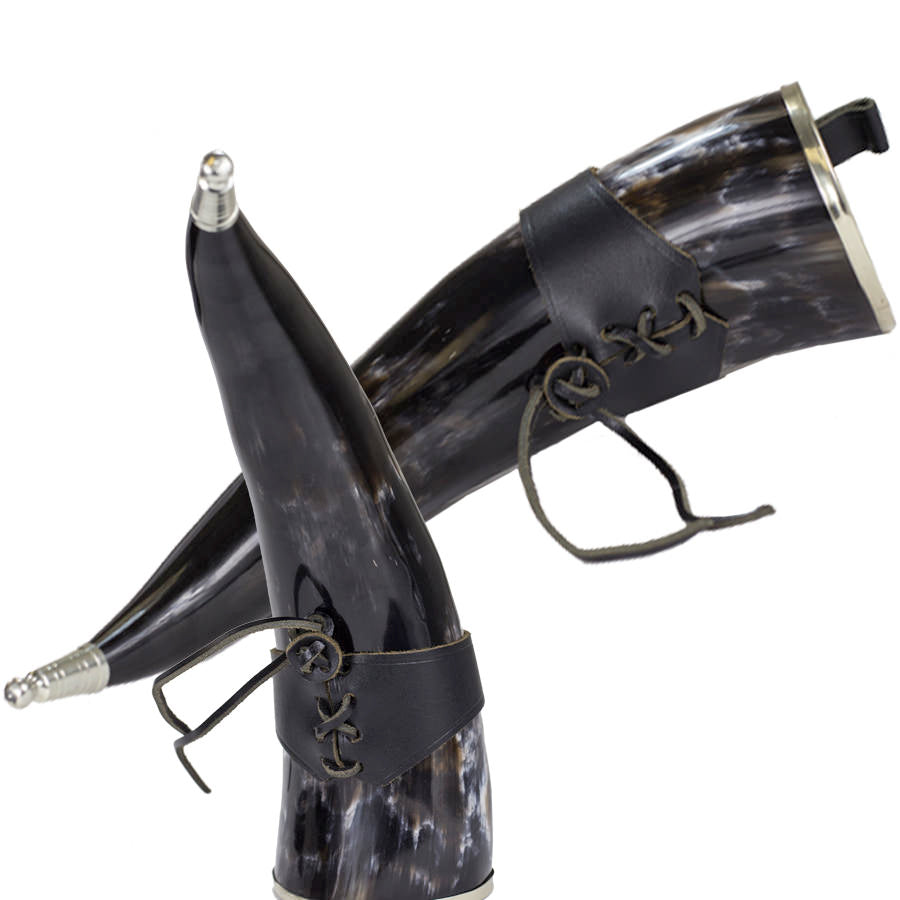 Silver Adorned Medieval Drinking Horn 16 oz with Leather Holster