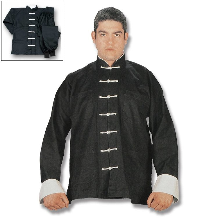 Black Kung Fu Uniform with White Buttons - Medium Size