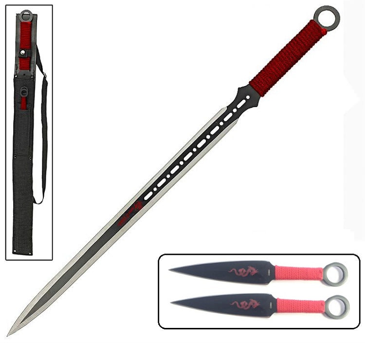 Red Dragon Full Tang Ninja Sword With 2-Pc Kunai Throwing Knife Set