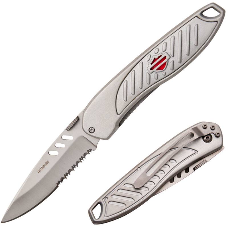 Gray Aluminum Ribbed Handle Serrated Blade Assisted Open Knife