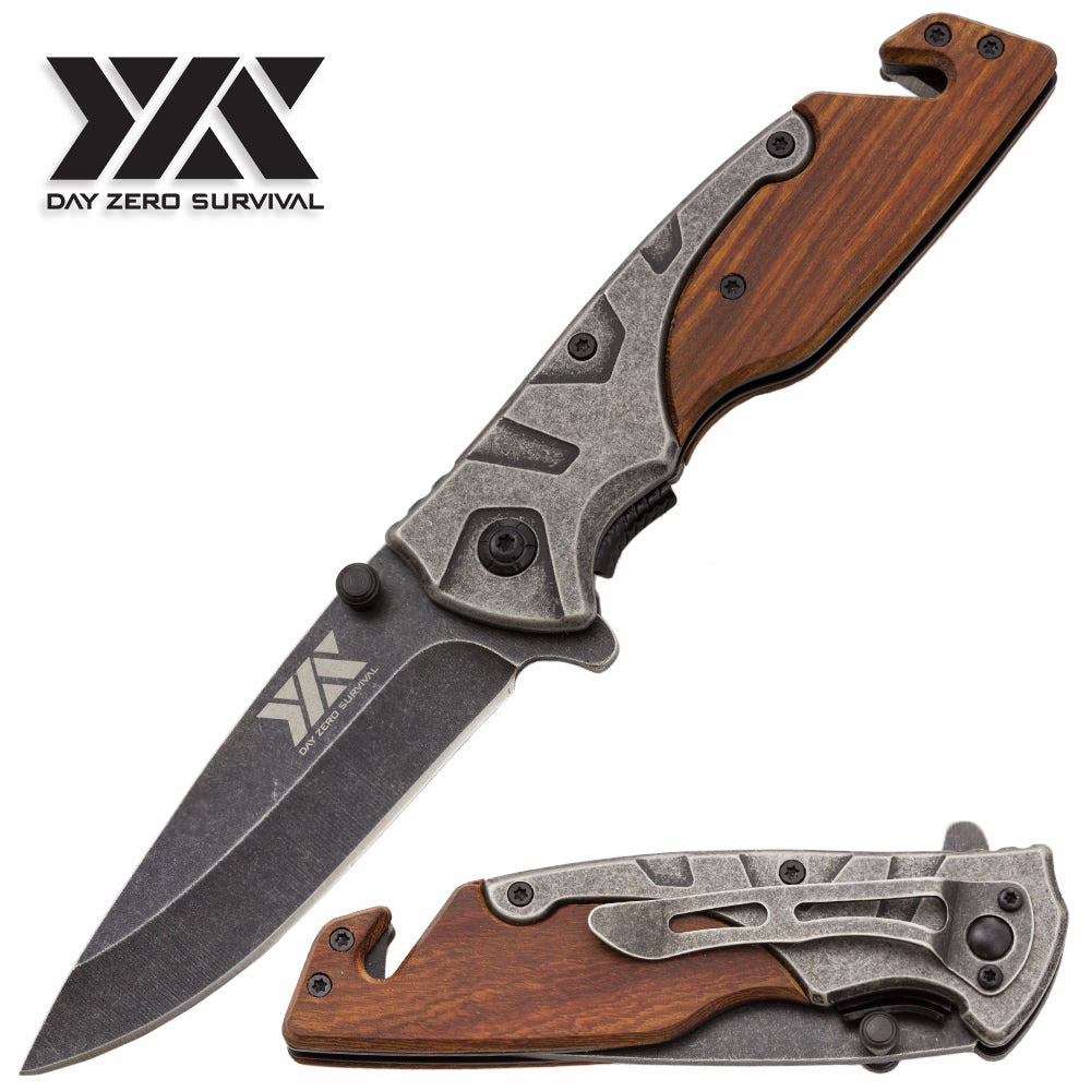DZS Pocket Knife Stonewash Rescue Tactical EDC Wood Handle
