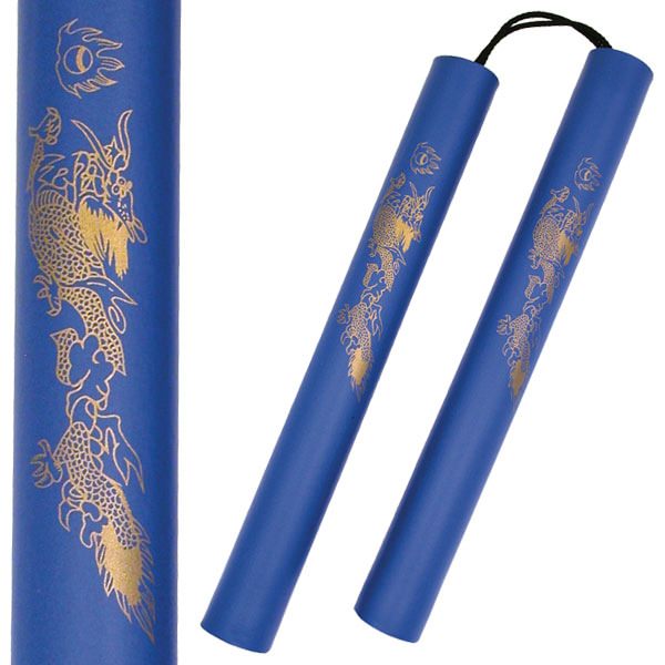 12 Inch Blue Foam Padded Nunchaku with Dragon Graphic - Rope Version