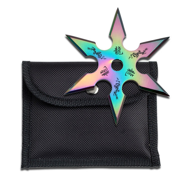 Rainbow Stainless Steel 6 Point "Dragon" Throwing Star W/ Pouch - 4MM Thick
