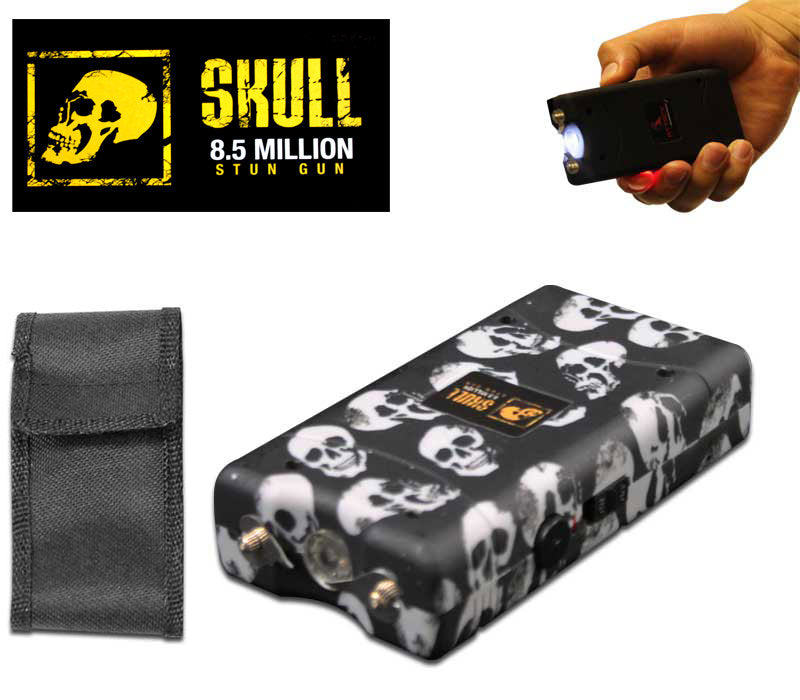 Grey Skull Self Defense Stun Gun 850K Volt Rechargeable LED Flashlight