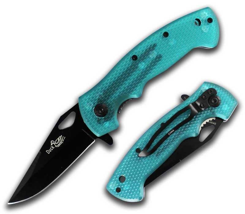 Clear Blue Handle Spring Assisted Opening Pocket Knife With Clip