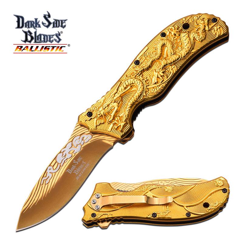Dark Side Blades 4.75 Inch Gold Dragon Spring Assisted Knife