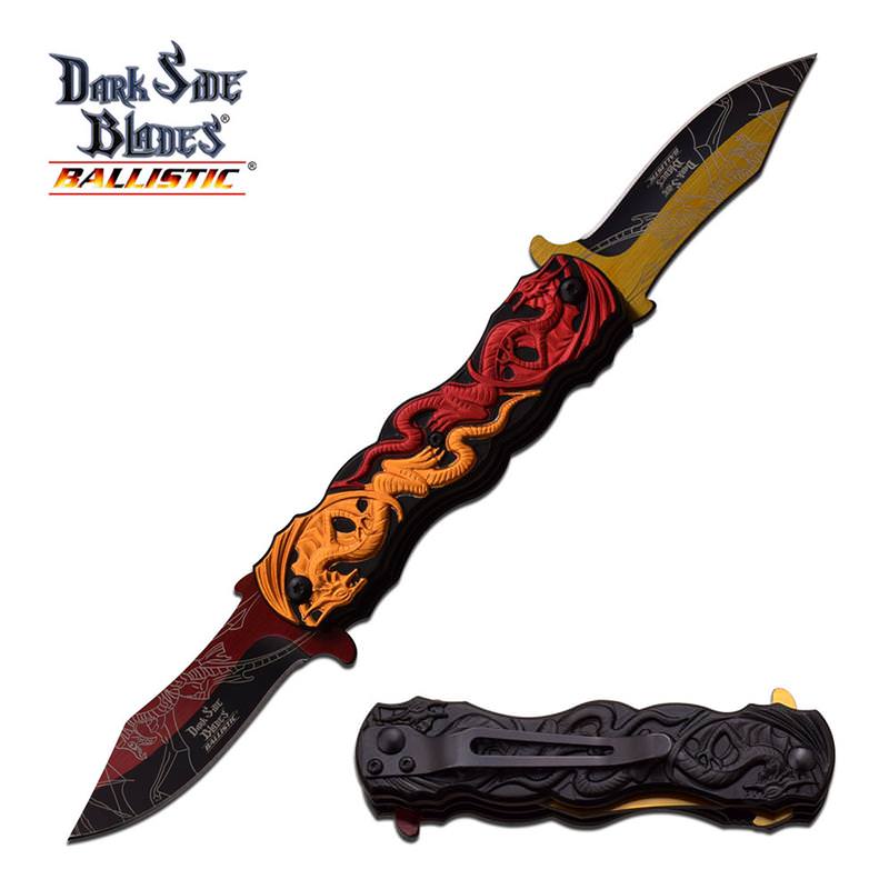 Dual Blade Red Orange Dragon Fantasy Blade Spring Assisted Knife