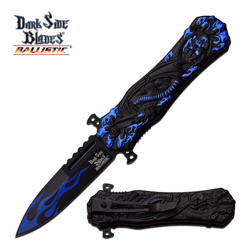 Spring Assist Open Fantasy Knife Blue Dragon Design With Clip