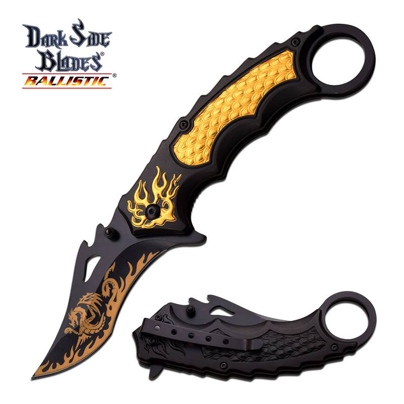 Golden Dragon Flame Tactical Karambit Spring Assist Folding Knife