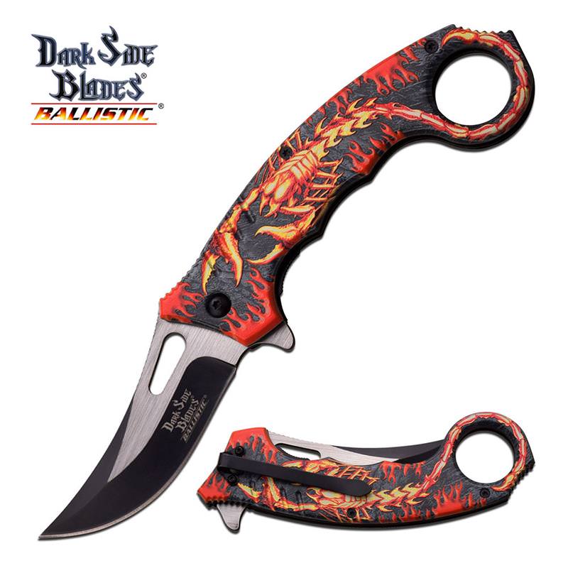 Red Black Flame Scorpion Fantasy Karambit Spring Assisted Knife