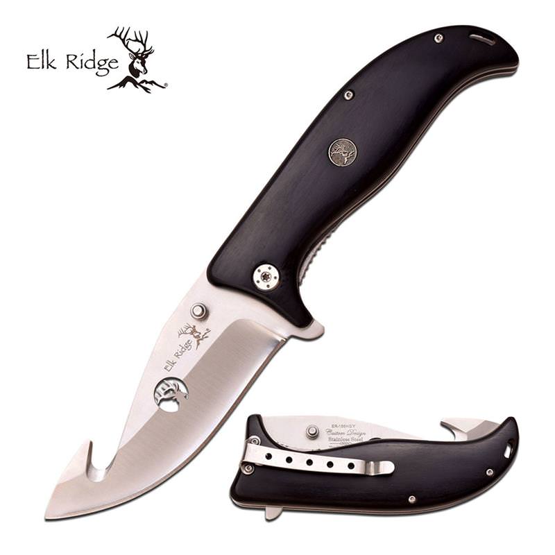 5.25" Closed Gut Hook Hunting Folding Knife With Brown Wood Handle