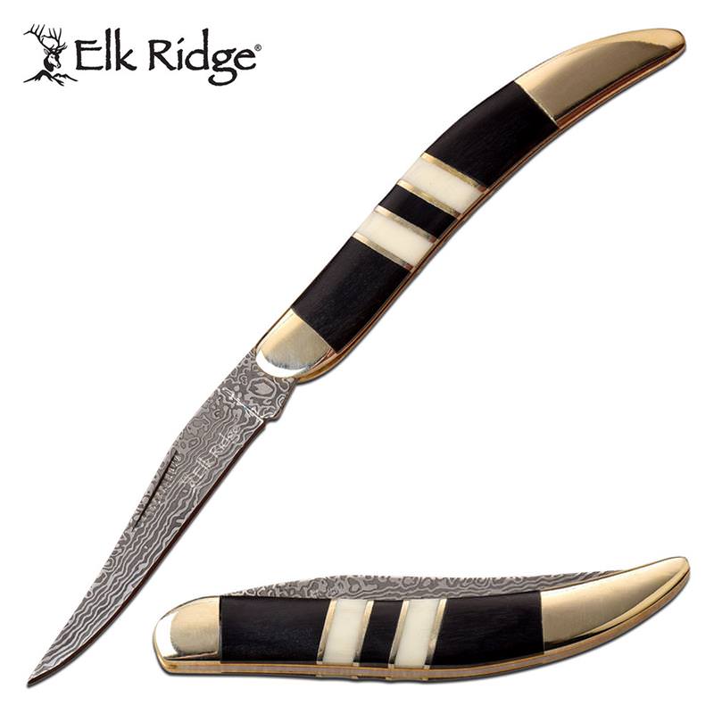 Damascus Etched Blade Toothpick Folding Knife Bone Inlay & Black Pakkawood