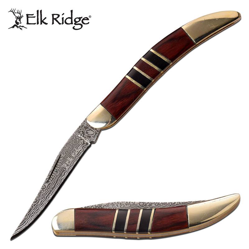 Damascus Etched Toothpick Folding Knife With Brown Pakkawood Handle