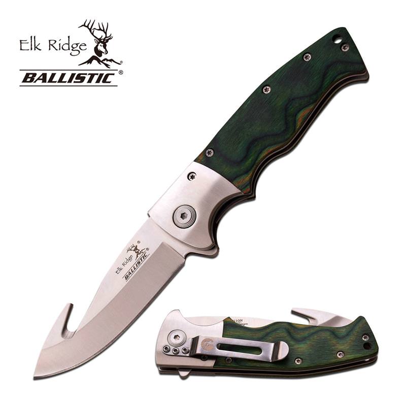 Green Wooden Handle Spring Assisted Guthhook Knife
