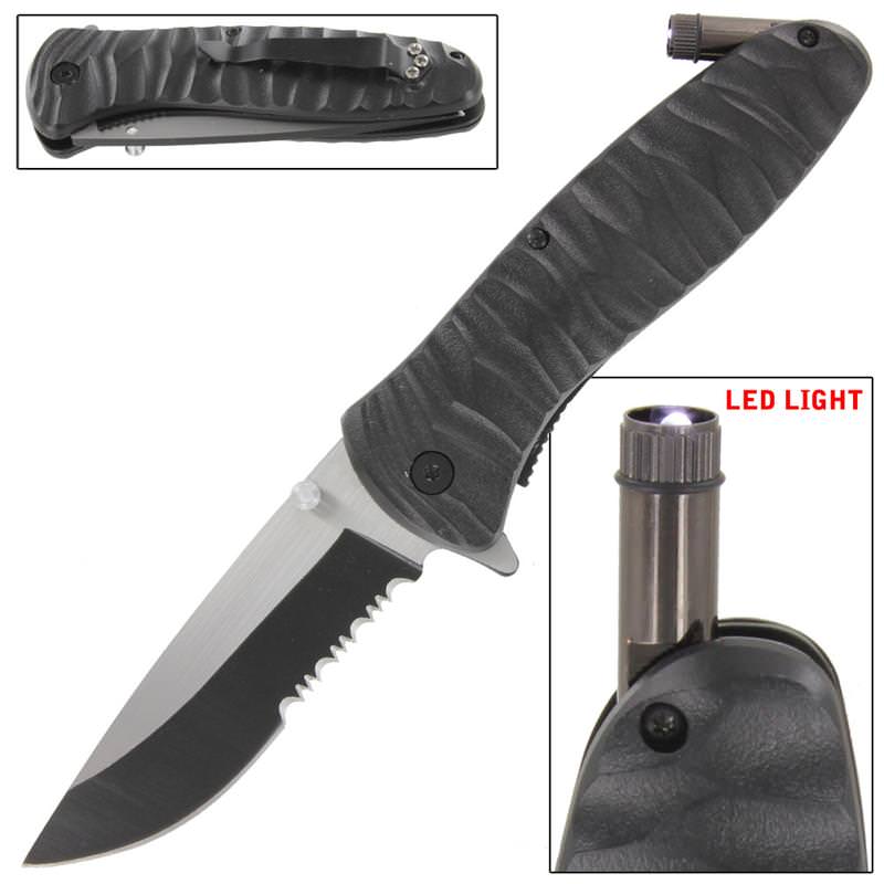 Emergency Code Black Serrated Spring Assist Knife Built In LED LIGHT