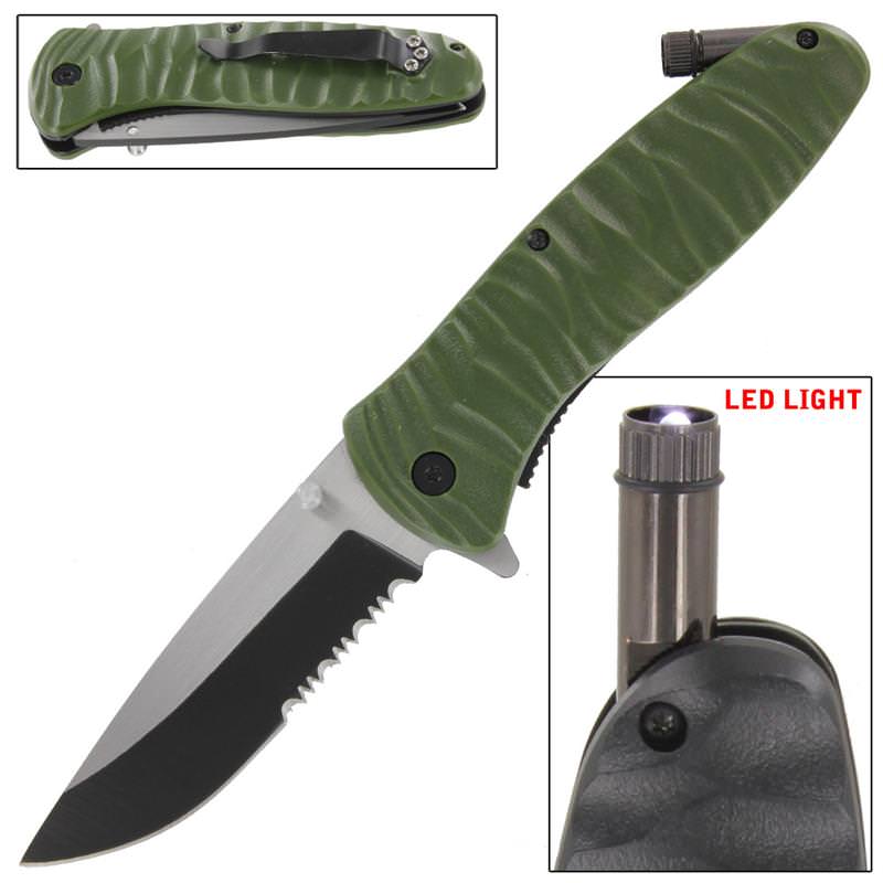 Emergency Code Green Serrated Spring Assist Knife Built In LED LIGHT