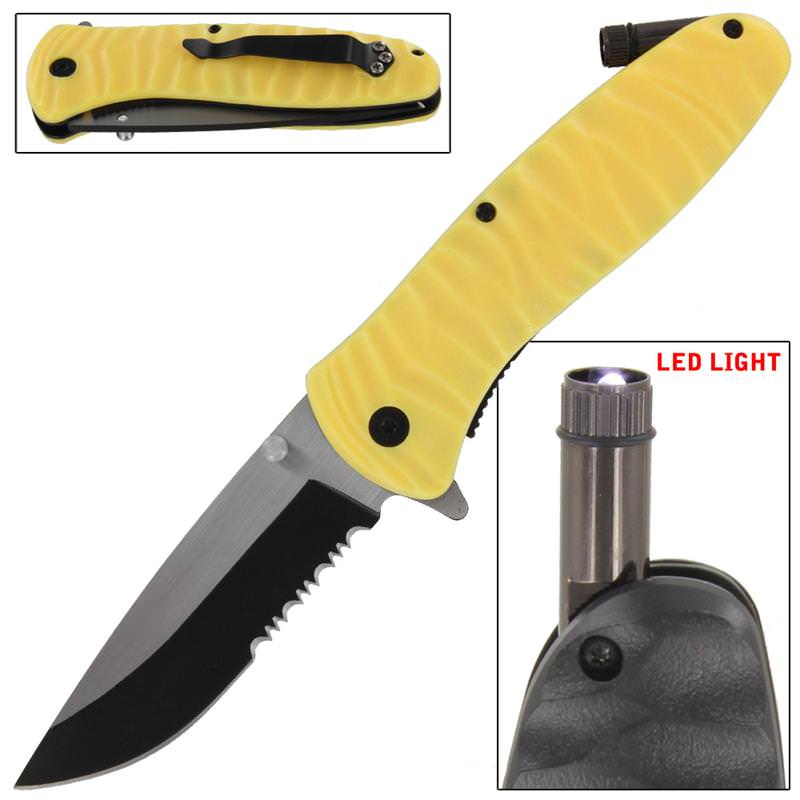 Emergency Code Yellow Serrated Spring Assist Knife Built In LED LIGHT