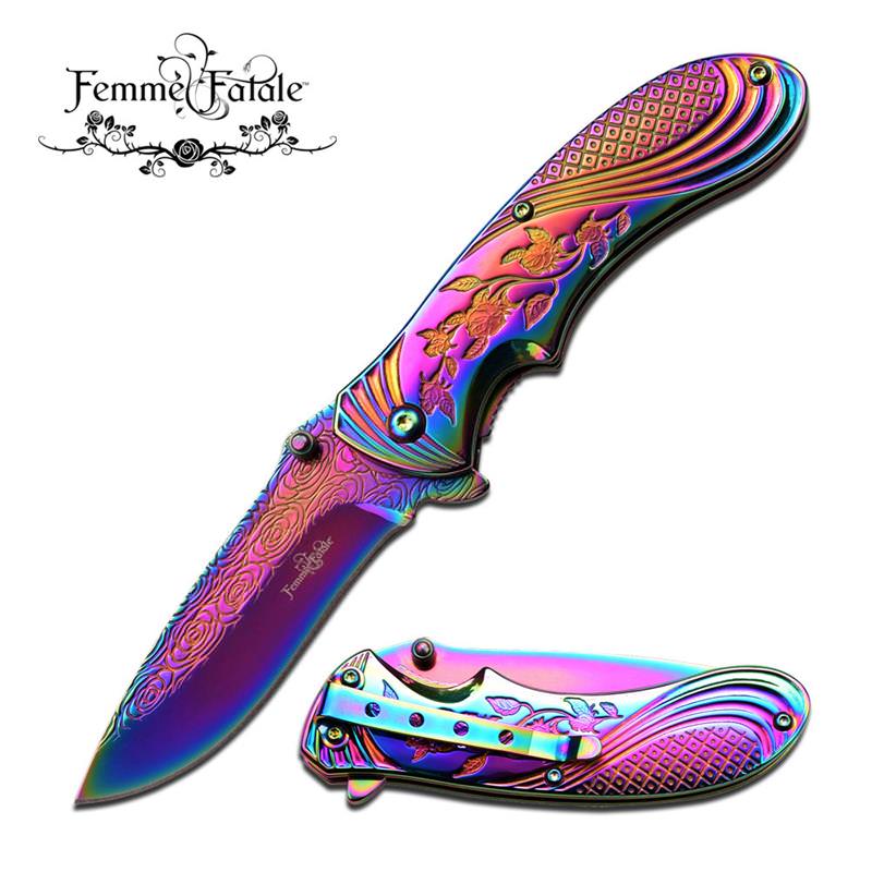 4 Inch Handle Rainbow Titanium Spring Assisted Folding Knife
