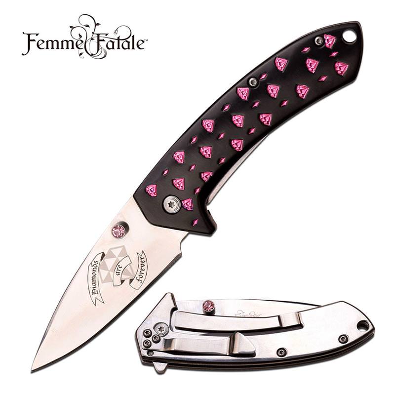 Black Pink Diamond Blade Girls Spring Assist Folding Pocket Knife