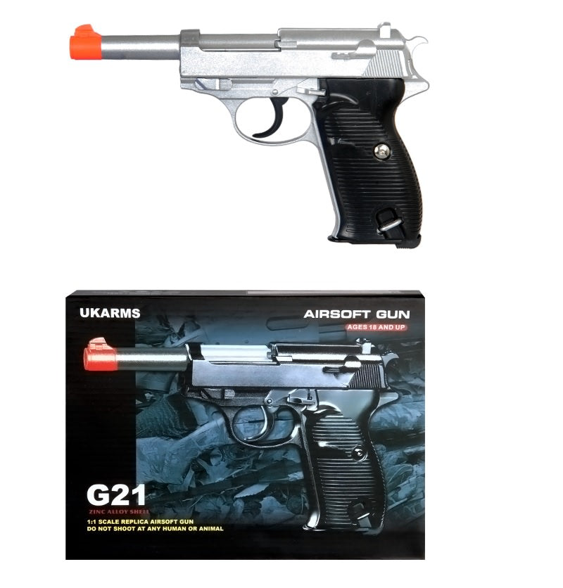G21 Heavy Weight Spring Pistol P38 Style with Metal Magazine Silver 250 FPS
