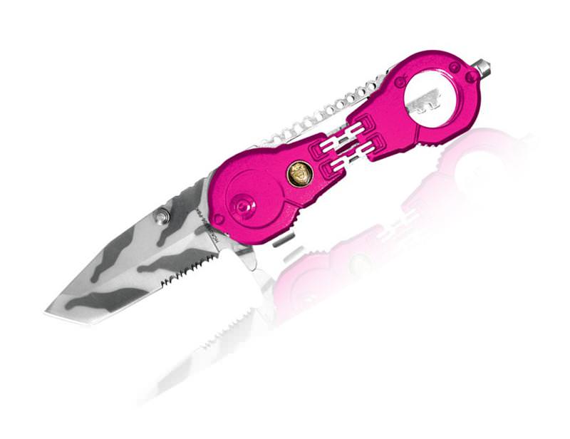 Police Dept Folding Knife Pink Handcuff Spring Assist
