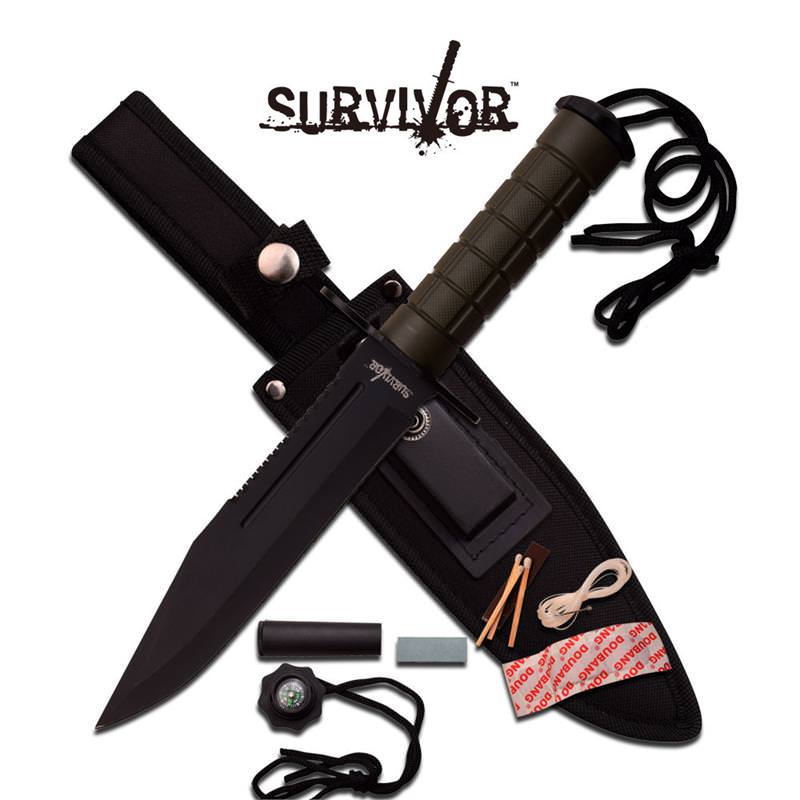 12" Black Green Military Combat Blade With Sheath + Kit Survival Knife