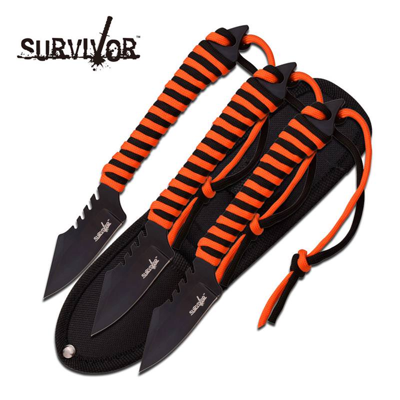 Survivor 7.5" 3 Fixed Blades with Orange and Black Paracord