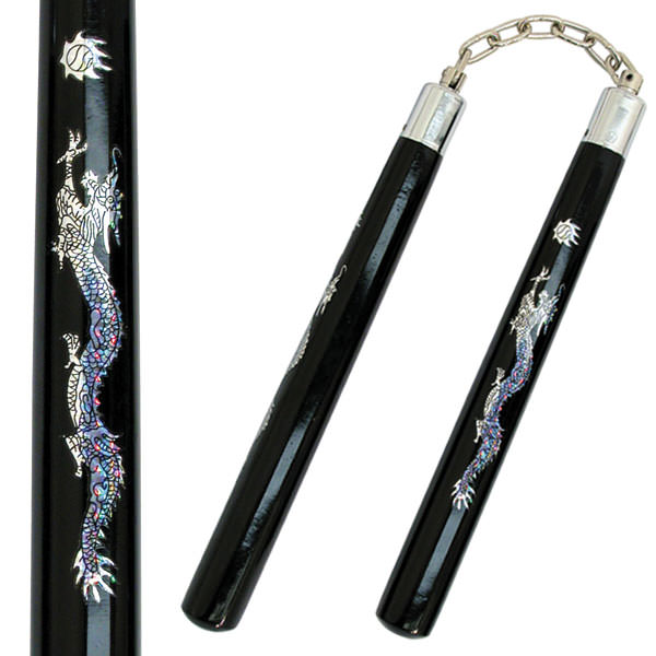 Wooden Nunchaku with Black Finish and Dragon Design