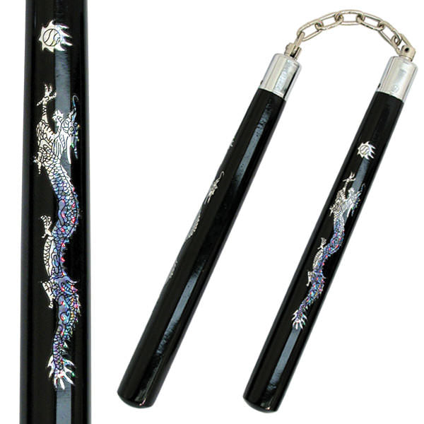 Wooden Nunchaku with Black Finish and Dragon Design