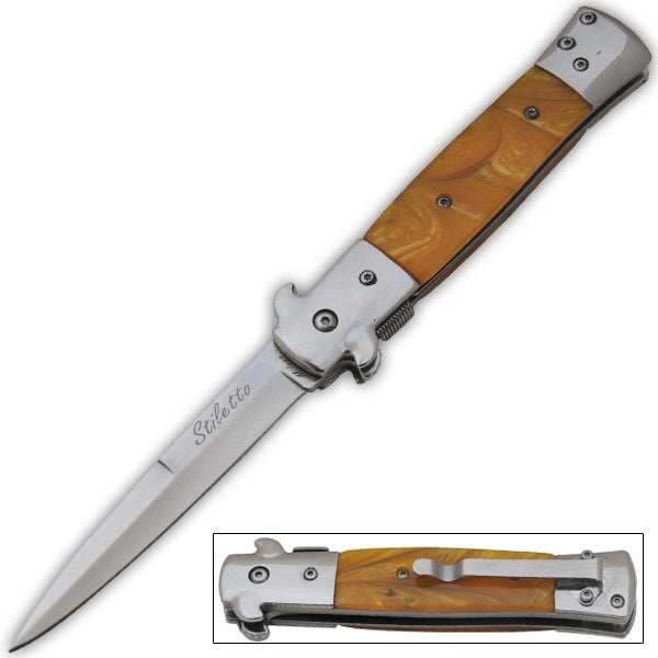 9 Inch Italian Stiletto Tactical Spring Assisted Open Pocket Knife Yellow
