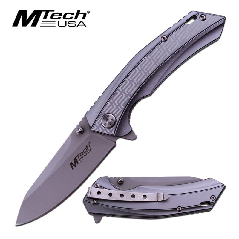 MTech 3.3" Silver Drop Point Blade Grey Aluminum Handle EDC Knife