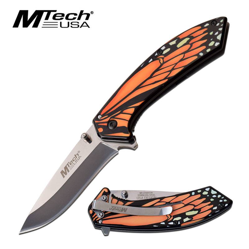 Mtech Orange Monarch Butterfly Wing Spring Assisted Folding Knife