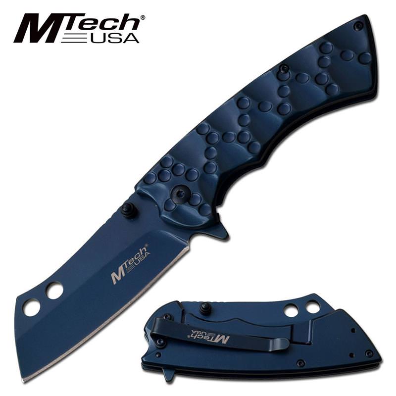 Blue Stainless Steel Cleaver Blade Spring Assisted Folding Pocket Knife