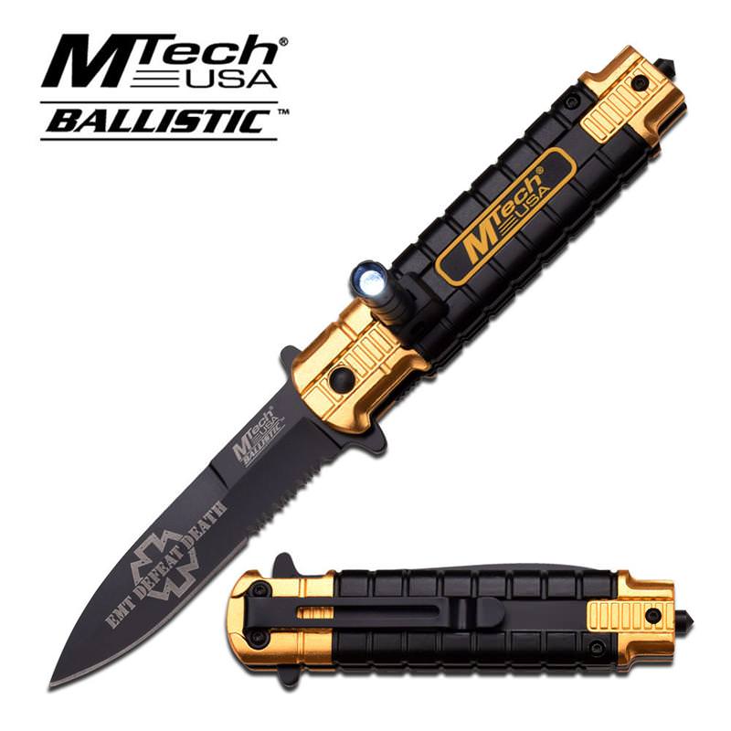 EMT Spring Assisted LED Knife 4.7 Inches Closed Orange and Black Handle