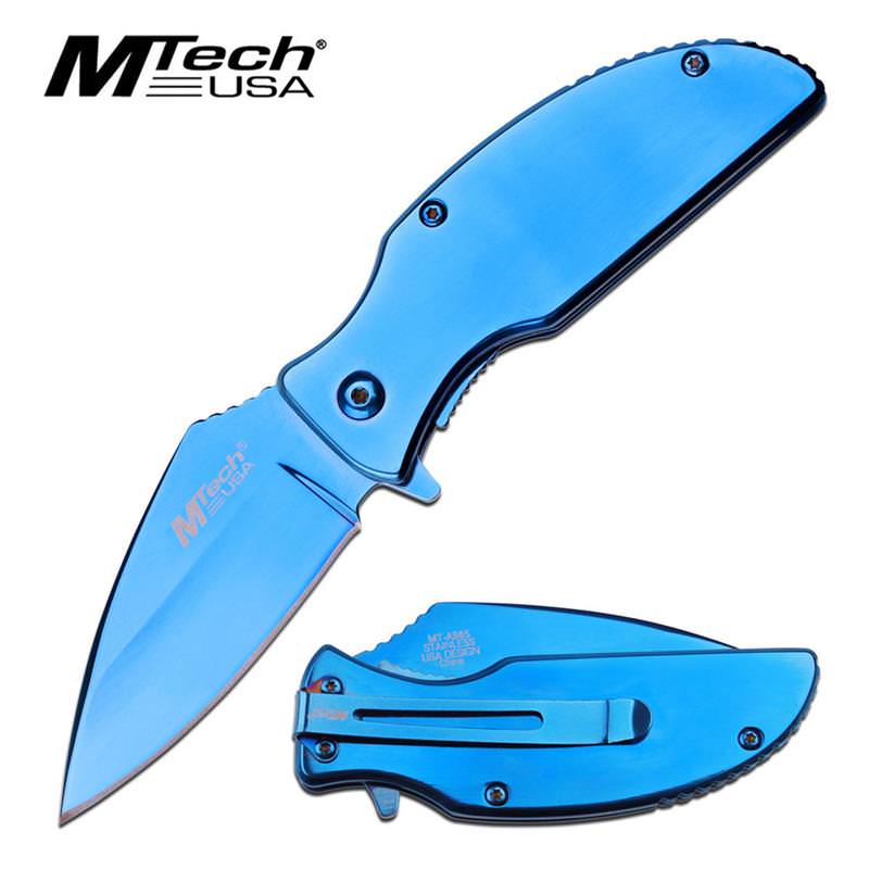Small 2.75" Mirror Blade Blue Chrome EDC Spring Assisted Knife