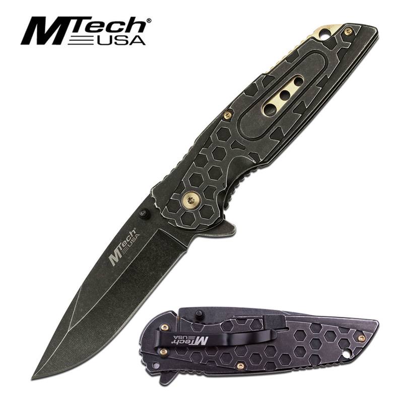 Mtech Heavy Duty Stone Gray Gold Tactical Spring Assist Knife EDC