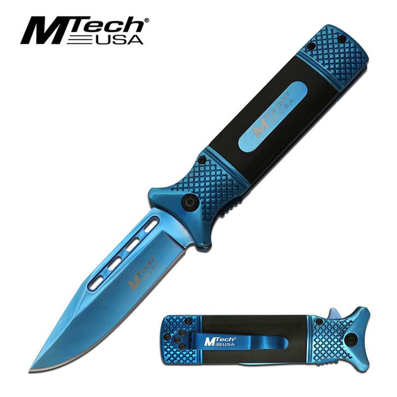 3.75" Blue Tinite Blade Heavy Duty Black EDC Spring Assisted Knife