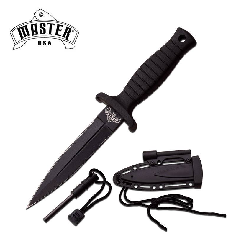 Master USA Dagger Style Fixed Blade Knife Black Handle Fire Starter
