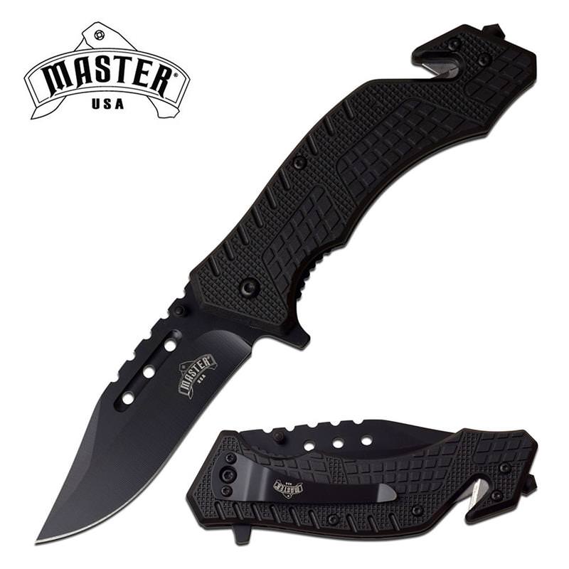 Tactical Rescue Style All Black Handle Spring Assisted Folding Pocket Knife