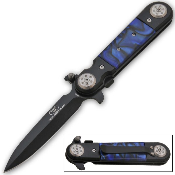 5 Inch Closed Midnight Blue Stiletto Style Spring Assisted Knife
