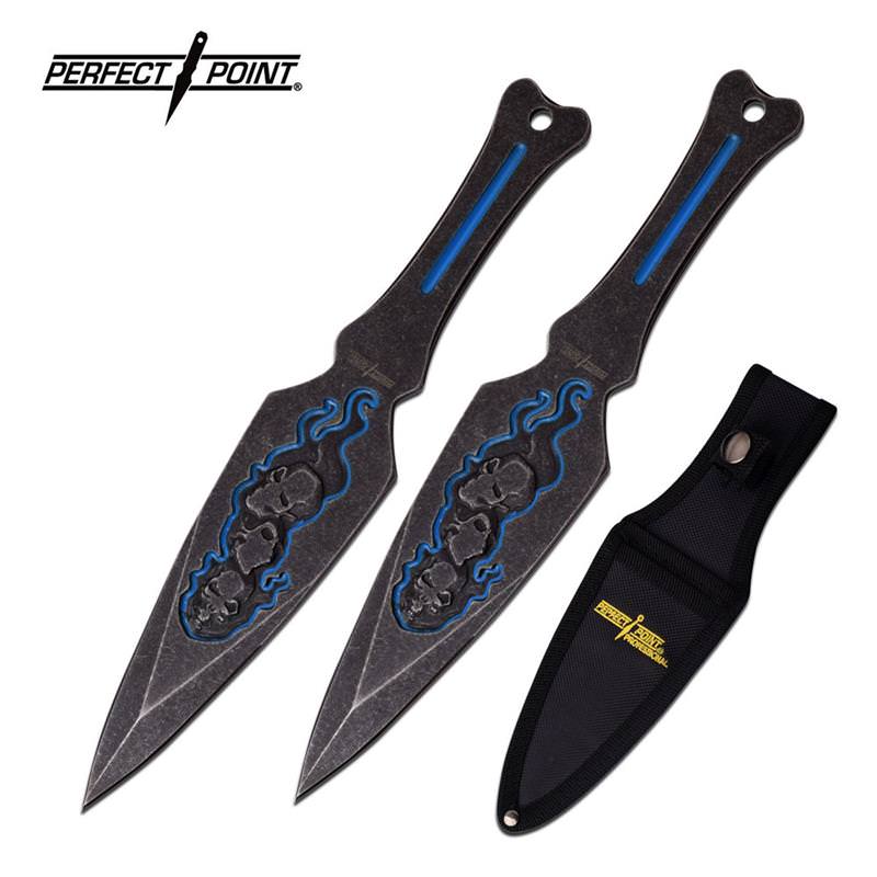 Professional 9" Black Blue Skull Throwing Knife Knives 2 Pc Kunai Set