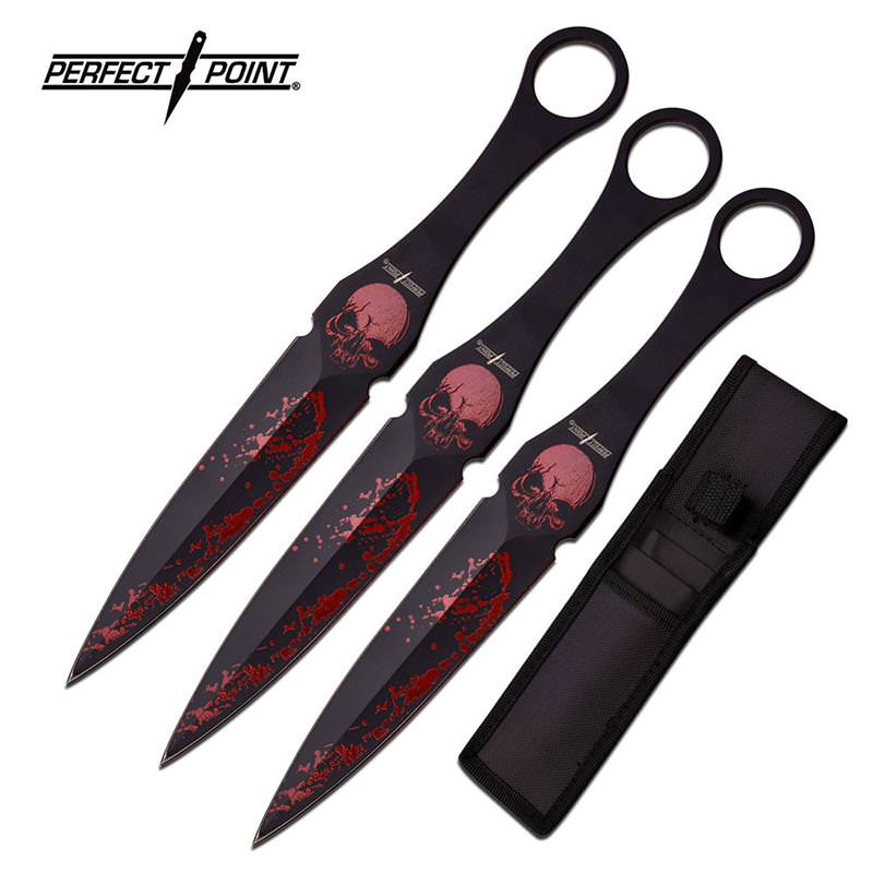Perfect Point Large Red Skull Splatter Throwing Knives - Set of 3