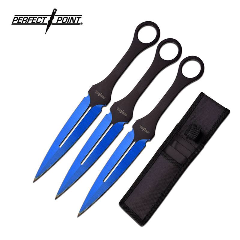 Perfect Point 7 Inch 3 Piece Throwing Knife Set Blue Blade